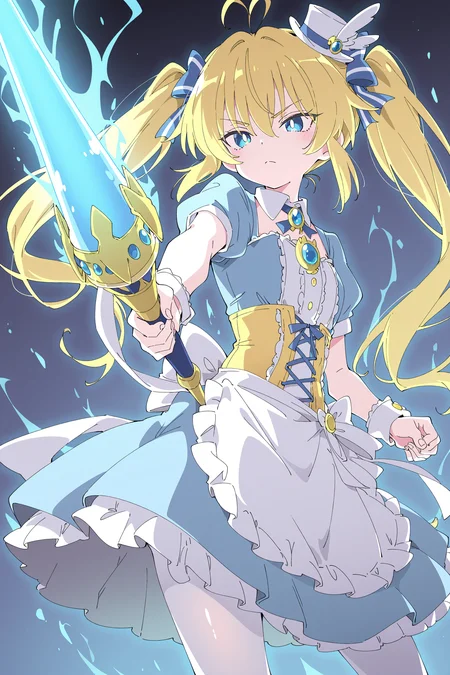 1girl,baimei,light blue dress,petite,yellow twintails,yellow corset,blue eyes,tsurime,brooch,mini top hat,white pantyhose,(waist apron:1.2),cowboy shot,solo,serious,glowing,aura,floating,holding blue lance,fighting stance,<lora:Baimei-noob:0.7>,best quality,amazing quality,very aesthetic,absurdres,(artist:ningen_mame:0.9),(artist:sho_(sho_lwlw):0.9),anime screencap,ixy