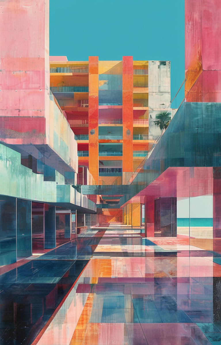 masterpiece,best quality,<lora:tbh311-sdxl:0.9>,illustration,designed by Rem Koolhaas Art Deco hotel facade in Miami Beach, featuring pastel colors and streamlined forms