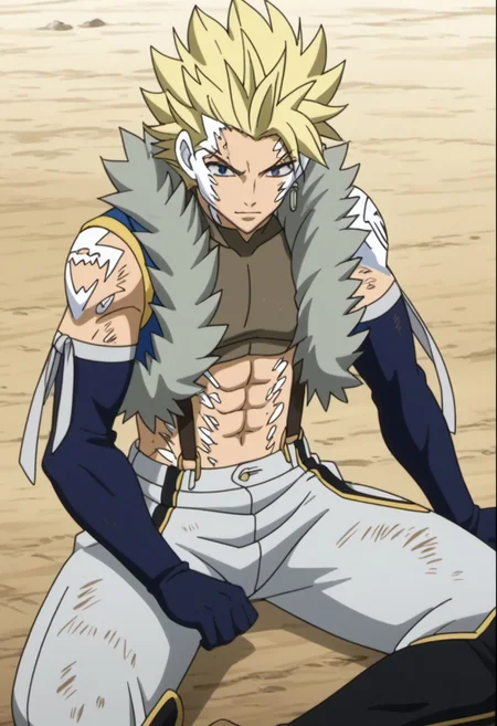 score_9, score_8_up, score_7_up, source_anime, rating_safe, StingFT, Sting drive blonde hair, light yellow Sting single earring, white Sting facepaint, white Sting bodypaint, white ST tattoo, Sting scar, 1boy, male focus, anime screencap, blue-gold fur-trimmed Sting crop top vest, brown Sting crop top, blue Sting elbow gloves, grey Sting pants, grey Sting armband ribbon, brown-yellow Sting suspenders, black-yellow Sting thigh boots, cropped feet, sitting,