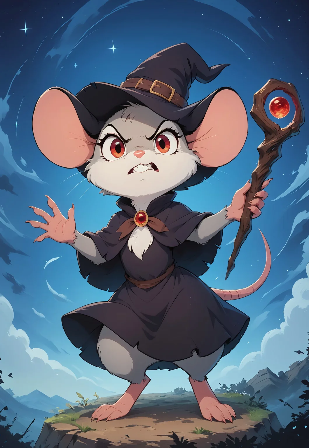 score_9, score_8_up, score_8, solo, (fluffy:0.8), (((mouse))), female, claws, (fluffy cheeks:0.7), j_cartoon, cute, (tall:0.5), expressive, grey fur, black ears, red eyes, black dress, capelet, witch hat, (look at viewer), dynamic pose, dynamic, movement, expressive, angry, head focus, close up, night sky, magic staff