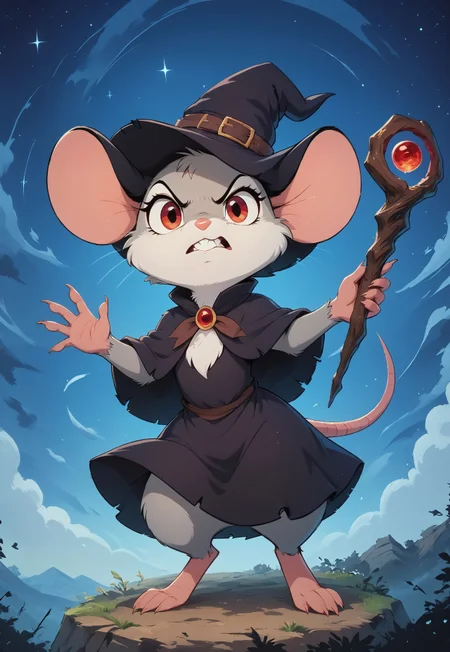 score_9, score_8_up, score_8, solo, (fluffy:0.8), (((mouse))), female, claws, (fluffy cheeks:0.7), j_cartoon, cute, (tall:0.5), expressive, grey fur, black ears, red eyes, black dress, capelet, witch hat, (look at viewer), dynamic pose, dynamic, movement, expressive, angry, head focus, close up, night sky, magic staff
