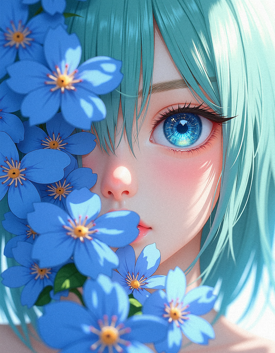 Envision a delicate anime-inspired portrait of a character with pastel blue and green hair, whose face is partially enveloped by a cascade of blue flowers. Their single visible eye, a stunning shade of blue, reflects intricate gem-like patterns that add a fantastical, otherworldly quality. The flowers, blooming in a gradient of blue shades with subtle accents of pink and white, seem to be a natural extension of the character, as if they are a part of them. Set against a soft, blurred background, the flowers and skin textures are emphasized, bringing out the ethereal and dreamlike essence of this fusion between human and nature.

Visual Aesthetics to Enhance Photorealism:
Slight lens flare to suggest natural light.
Veined, realistic leaf textures.
High-resolution details on flower pollen.
Accurate depiction of skin’s micro-textures.
