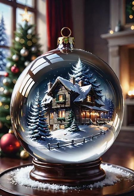 Close-up portrait, stylized drawing by Greg Rutkowski, Giovanni Boldini, Gabriele Dell'otto, "Very Beautiful", a beautiful double exposure image by mixing a Christmas tree under the snow and a glass Christmas ball. Cozy Living Room Background With Details Subtly Integrated into Shiny Glass Ball, Bokeh, Sharp, Shiny Glass Christmas Ball, Hyper Realistic, HD, Laser Trace, Cinematic, HDR, Photorealistic (Double Exposure: 1.1), Trending on Artstation, Studio Photography , intricate details, Macro photography, close-up, sharp focus, studio photography, intricate details, high detail, Greg Rutkowski. illustrated in the style of artists such as Giovanni Boldini, WLOP at Studio Ghibli Genshin.