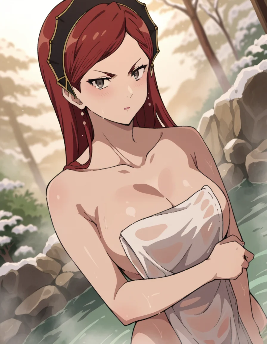 score_9, score_8_up, score_7_up, source_anime,
hildaboreasgreyrat, <lora:hilda-boreas-greyrat-s1-ponyxl-lora-nochekaiser:1>,
hilda boreas greyrat, long hair, red hair, grey eyes,
nude, naked,
outdoors, onsen, towel, naked towel, steam, bathing, nude cover, partially submerged, water, bath, steam censor, wet towel,
looking at viewer, dutch angle, cowboy shot,