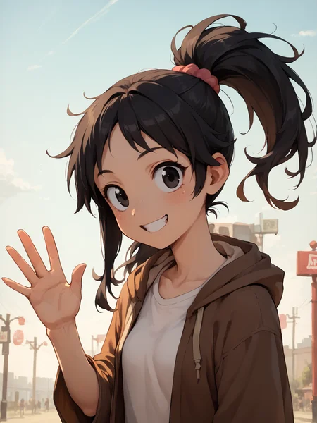 score_9, score_8_up, score_7_up, score_6_up, BREAK, BudArmstrong, solo, 1girl, long hair, black hair, ponytail, black eyes, brown poncho, upper body, smile, raise left hand, waving, looking at viewer <lora:Buddy_Armstrong:0.8>