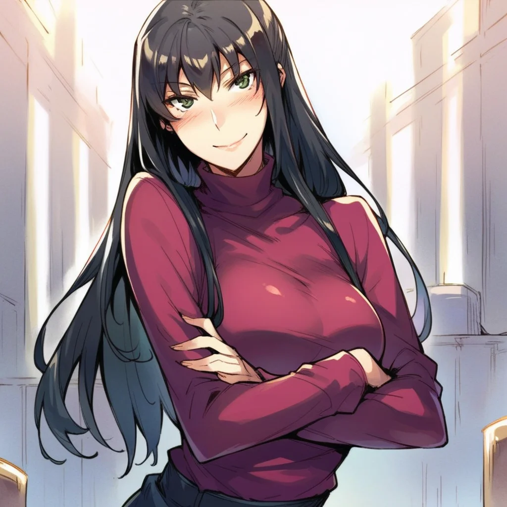 score_9, score_8_up, score_7_up, <lora:y0k4t4:1> y0k4t4,solo,1girl,long hair, looking at viewer, turtleneck, crossed arms, sly smile, blush