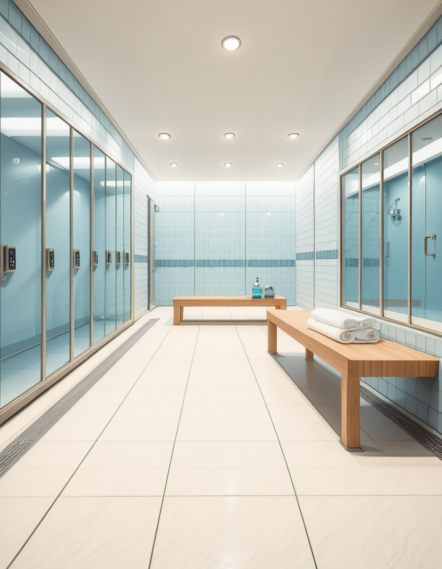 A realistic photograph of a modern swimming pool changing room, featuring clean, sleek design with white tiled walls and light blue accents. Rows of wooden benches with metal frames are neatly aligned in the center of the room. On the sides, there are individual lockers with glossy pastel-colored doors (light blue, mint green, and pale yellow), each with small number labels. Hooks are mounted on the walls, some holding neatly folded towels. The floor is made of non-slip gray tiles, slightly wet, reflecting the soft overhead LED lighting. The atmosphere is fresh and inviting, with a subtle fog from the pool area beyond a frosted glass door at the back. To the left side of the room, a large mirror spans the wall above a counter with built-in sinks, chrome faucets, and a few small bottles of hand soap. A subtle reflection of the interior is visible in the mirror. No people are present in the room. The lighting is bright but natural, as if itâs daytime with soft sunlight filtering through small high windows. The mood is calm, clean, and welcoming, captured with a high-resolution camera in photorealistic style. 
<lora:SDXLFaeTastic2400:0.4> <lora:extremely_detailed:0.4> extremely detailed,swimming pool ch4ng1ng r00m, <lora:swimming_pool_ch4ng1ng_r00m-i:1>, Masterpiece,best quality,hi res,8k,hi res,8k,award winning,(sharp focus, intricate, highly detailed),