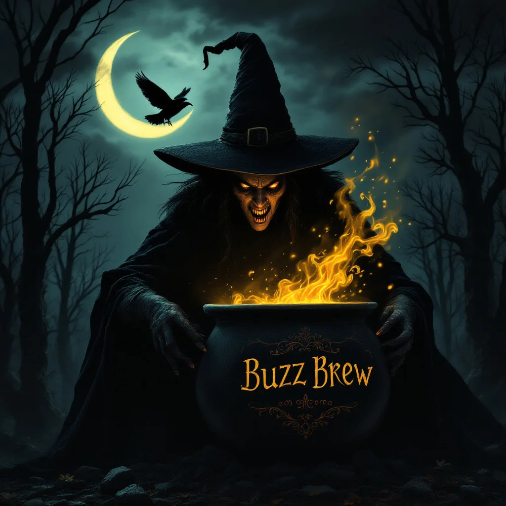 Dark atmosphere film noir Image of a witch serving big cauldron with yellow mist coming out. The cauldron is labeled buzz brew. The witch has a sinister look on her face. Change the woods dark cloudy sky with a crescent moon. A single crow is flying past the moon.  Intricate details highlight the image