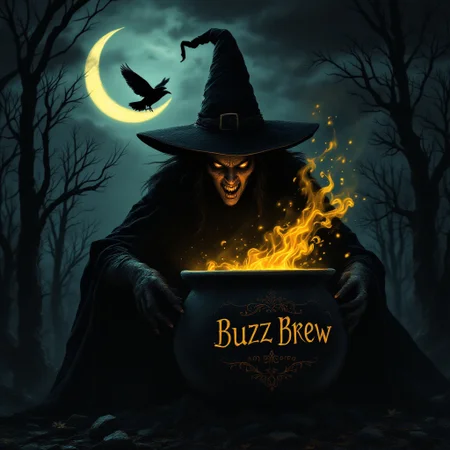 Dark atmosphere film noir Image of a witch serving big cauldron with yellow mist coming out. The cauldron is labeled buzz brew. The witch has a sinister look on her face. Change the woods dark cloudy sky with a crescent moon. A single crow is flying past the moon.  Intricate details highlight the image