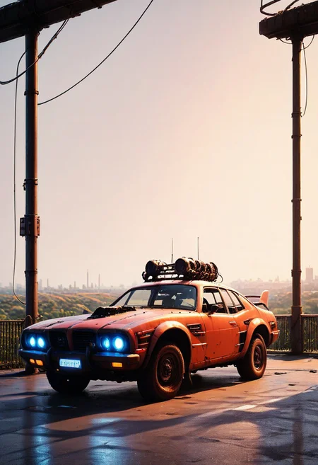 masterpiece,best quality,amazing quality,very aesthetic,high resolution,ultra-detailed,absurdres,newest,scenery,depth of field,scenery,volumetric lighting, beautiful, looking at you, score_9, score_8_up, score_7_up,evi@decrepPunk, car