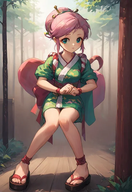 SFW, rating_all, score_10, score_8_up, score_7_up, Equestria girls, (((human))), 1female, (((solo))), (((Fluttershy) cosplaying) as Ayame), short hair, bangs, (pink hair), hair ornament, short sleeves, sidelocks, japanese clothes, kimono, hair bun, (aqua eyes), ((eyes open)), sash, obi, sandals, single hair bun, rope, hair stick, short kimono, platform footwear, ankle wrap, slender, w over eye, lean forward, bending knees, detailed, vector, flat colors