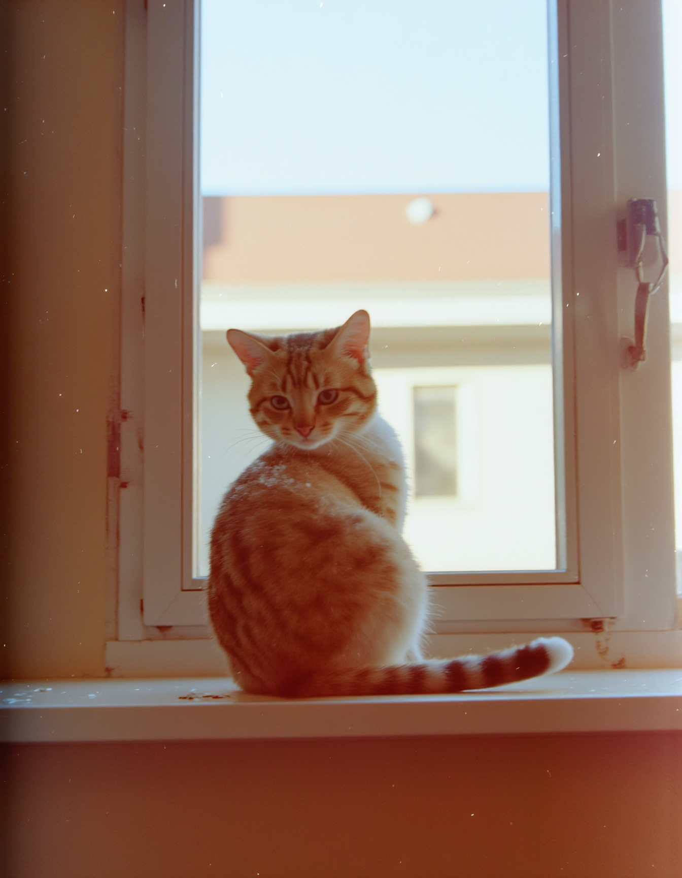 c41_hasselblad_portra400_FLUX, instagram photo of a kitten sitting on a window sill, film grain, soft shadows
