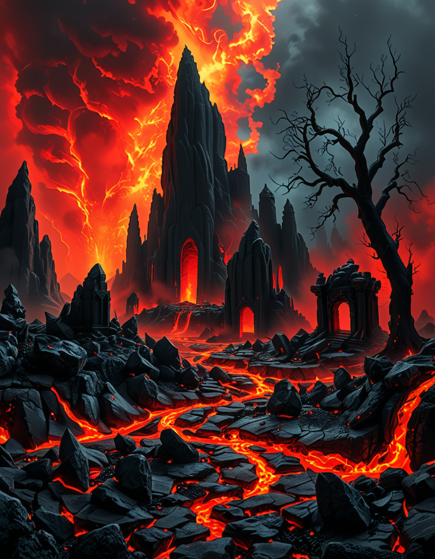 A terrifying and surreal depiction of the depths of Hell. The landscape is vast and nightmarish, filled with jagged obsidian cliffs, rivers of molten lava, and towering spires of blackened rock. The sky is a swirling vortex of crimson and black, illuminated by eerie, flickering flames. Chains dangle from massive, decaying arches, and tormented souls writhe in agony, their ghostly figures stretching toward the burning sky. Demonic creatures with twisted horns and glowing eyes lurk in the shadows, watching hungrily. The ground is cracked and scorched, exhaling thick plumes of sulfuric smoke. In the distance, a colossal, menacing throne made of skulls and bones looms over the infernal landscape, occupied by a shadowy, horned figure. The atmosphere is thick with despair, enhanced by a dramatic, chiaroscuro lighting effect that contrasts the deep shadows with the hellish glow of the flames. Hyper-realistic, highly detailed, dark fantasy style.
<lora:SDXLFaeTastic2400:0.4> <lora:extremely_detailed:0.4> extremely detailed,<lora:depths_of_h3ll:1>,depths of h3ll, Masterpiece,best quality,hi res,8k,hi res,8k,award winning,(sharp focus, intricate, highly detailed),