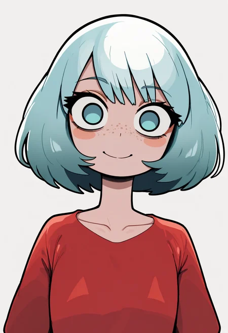 best quality, amazing quality, very aesthetic, absurdres, thick lineart,
1girl, gris, blue eyes, freckles, blue hair, short hair, bangs,
collarbone, red shirt,
smile, looking at viewer, solo, simple background, white background <lora:GrisNoobXL_byKonan:1>