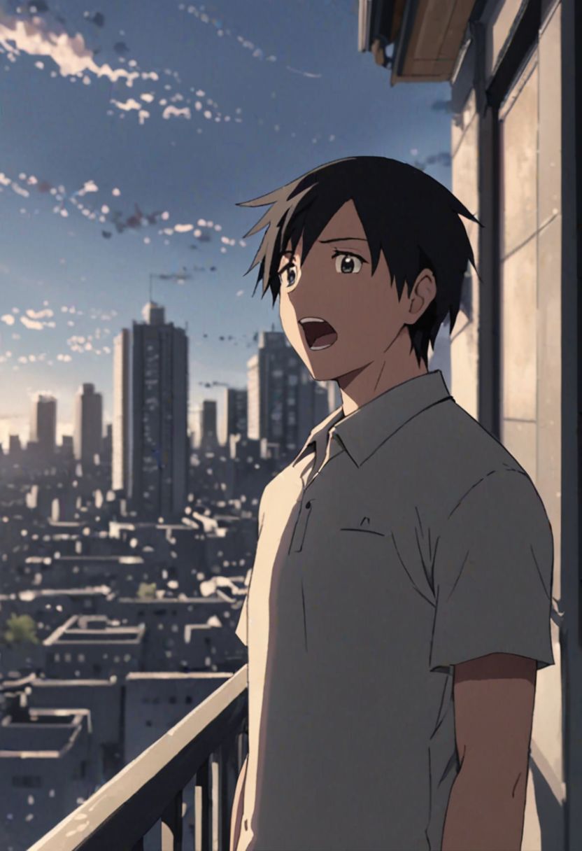 Highres, Masterpiece, High Quality, 4K, 8K, solo, 1Boy, Takaki Toono, adult, black hair, short hair, high-rise rooftops, city view, wide sky, strong wind, portrait, enthusiastic, excited, standing, dramatic, window, balcony, building, easynegative, detailed_eye_model