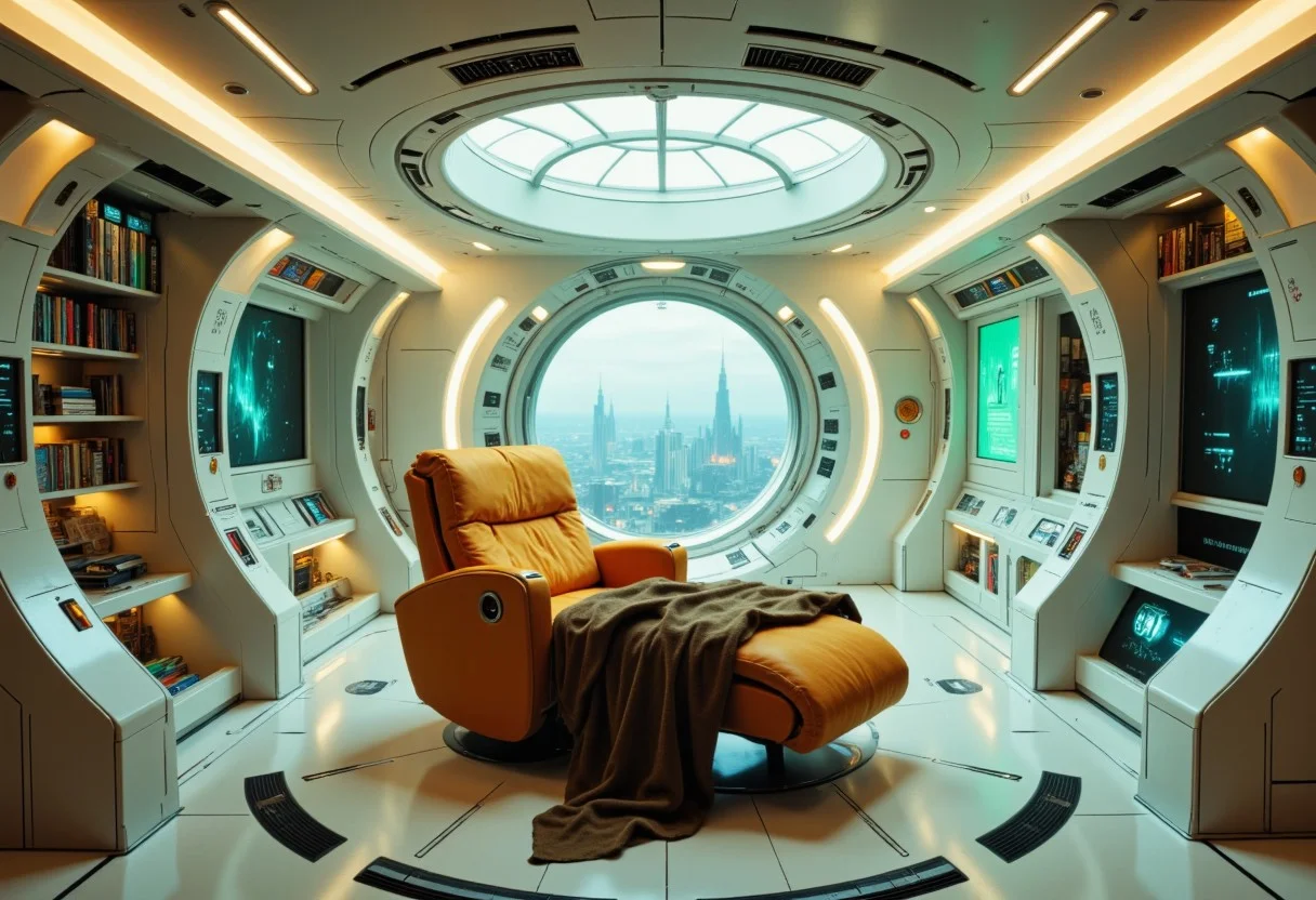 A washed-out, overexposed vision — A wide-angle interior photograph of a spacecraft reading nook features a plush orange reclining chair with a brown throw blanket positioned at the center of the frame. The curved white walls incorporate built-in bookshelves filled with books and reading materials, with fluorescent light strips running along the ceiling providing even illumination throughout the space. Digital control panels and displays with illuminated screens are integrated into the white walls, creating a science fiction interior setting. The wide composition captures the curved architectural elements of the spacecraft interior, with warm lighting from the fluorescent strips reflecting off the white surfaces. Wide-angle architectural interior photography with even lighting and sharp focus on both near and far elements.