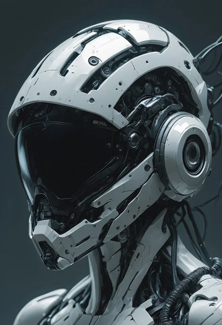 masterpiece,newest,absurdres,very awa,1girl,solo,cyborg,mobe-cybideen,white,eflection,visor,abstract,jacquard fabric,techwear,detailed helmet,mcnm,visor,dynamic pose,detailed by Hideo_Kojima,