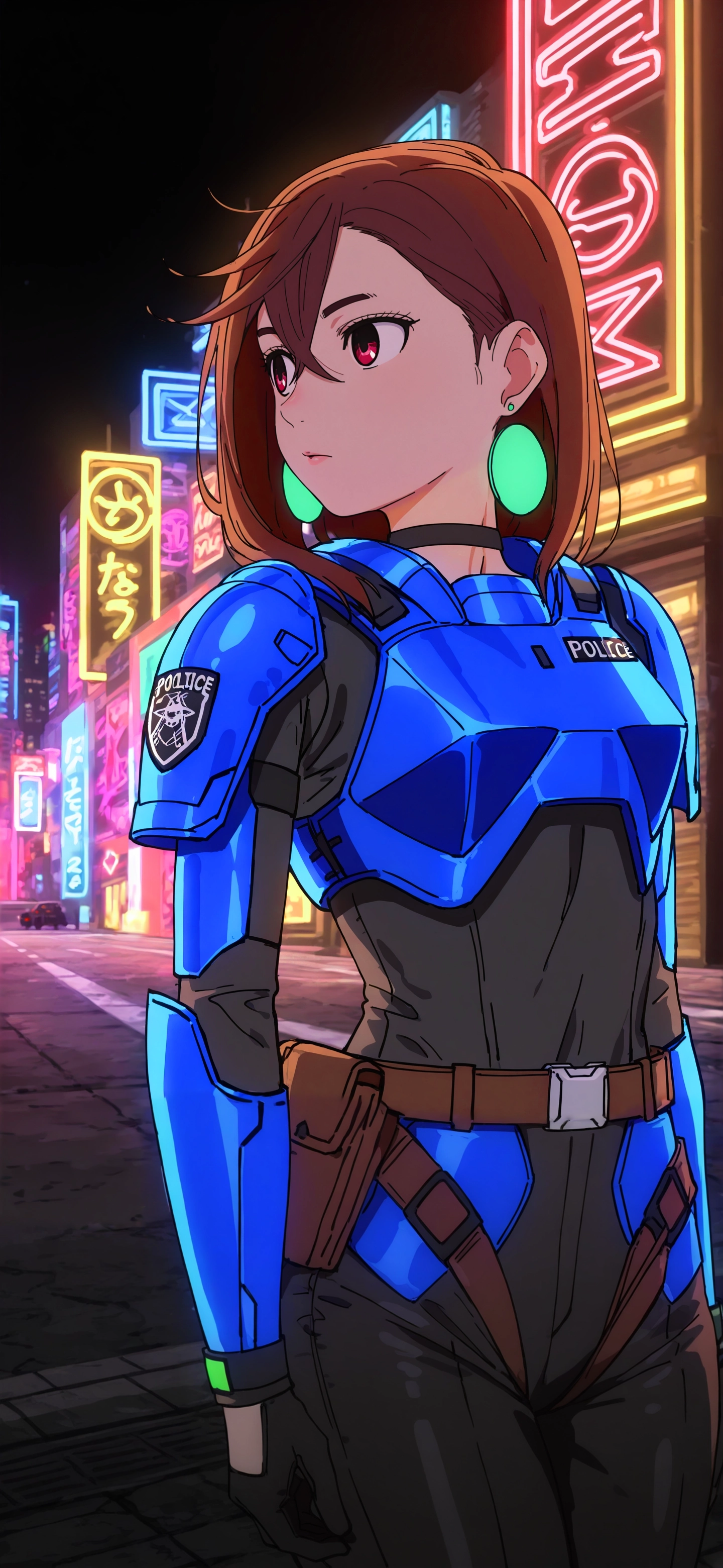 anime style,sketch,doodle,
masterpiece,best quality,amazing quality,
momo_ayase, 1girl, solo, short brown hair, red eyes, green earrings, 
expressiv colors,
colorful,1girl,solo,
standing,
black choker, 
futuristic police uniform, blue armor, science_fiction, 
dark nights,neon_lights,  outdoors, city,
dark,
 (black background:0.7),
looking to the side,
dynamic_pose, 
high_contrast, legs,
black gloves,
