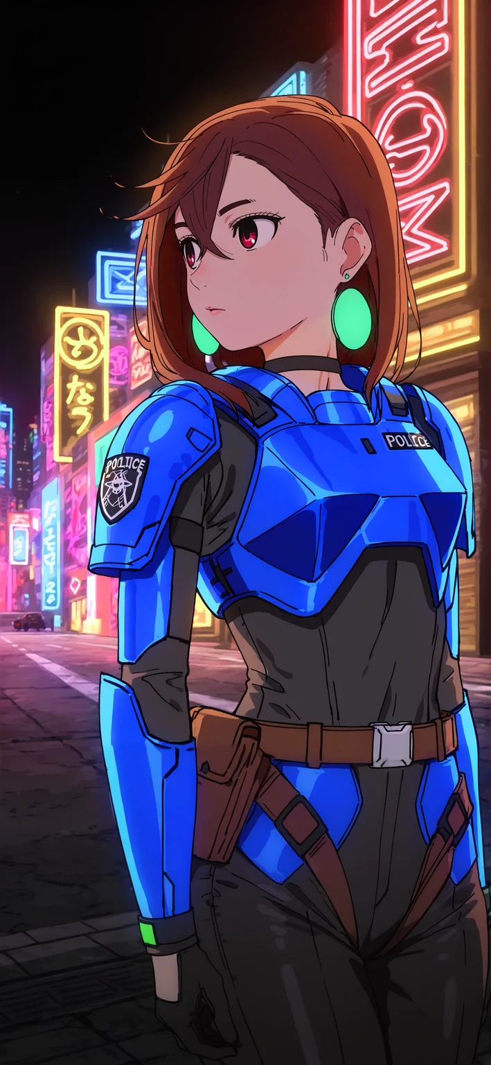 anime style,sketch,doodle,
masterpiece,best quality,amazing quality,
momo_ayase, 1girl, solo, short brown hair, red eyes, green earrings, 
expressiv colors,
colorful,1girl,solo,
standing,
black choker, 
futuristic police uniform, blue armor, science_fiction, 
dark nights,neon_lights,  outdoors, city,
dark,
 (black background:0.7),
looking to the side,
dynamic_pose, 
high_contrast, legs,
black gloves,
