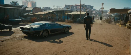 cinematic film still of <lora:perfection style:0.3>
<lora:detailed:0.1>
<lora:Chiaroscuro Lighting Style:0.3>
<lora:cyberpunk style v2:0.9>
<lora:Cyberpunk Style:0.1>
In Cyberpunk city a man walking in a dirty area with a car in the foreground,1boy,standing,outdoors,from behind,ground vehicle,building,scenery,motor vehicle,science fiction,car,desert , science fiction, futuristic setting, detailed background, dramatic light, dramatic shadow light, contrast, cinematic color, cinematic look, filmic, realistic, realism, perfection, perfect, different, cinematic, film, cinematography, artstation, Cyberpunk city style, Cyberpunk style, shallow depth of field, vignette, highly detailed, high budget, bokeh, cinemascope, moody, epic, gorgeous, film grain, grainy
