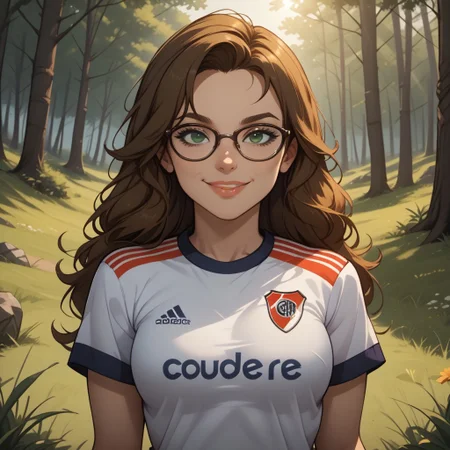 score_9, score_8, BREAK, solo, brown hair, dark green eyes, glasses, lips, RiverPlate, striped shirt, striped, shirt, white shirt, short sleeves, clothes writing, sportswear, soccer uniform, breasts, Ally_(Disventure_Camp), cute, sexy pose, self portrait, smile, looking at viewer, outdoors, sunlight, shadows, evening lighting, natural lighting, forest, trees, grass, orange sky, sunset