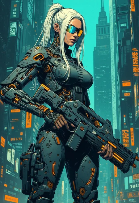 mad-cbrpnksplshrt full of details but with faded outlines, white braded hair cyborg girl soldier in combat armor with one robotic arm and one robotic leg holding a pulse rifle with glowing energy panels, and in the background new york city disintegrating into the matrix behind, best quality, sharp image,
