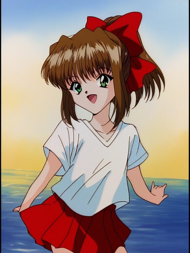 score_9, score_8_up, score_7_up, source_anime, rating_explicit, BREAK  <lora:Imouto_SG_XL:1>Imouto_SG, brown hair, short hair, hair bow, green eyes, red bow, ponytail, bangs, flat chest, short stack, solo,
smile. white short sleeve. red skirt, standing, open mouth,
looking at viewer, 
cowboyShot,
outdoor, sky,