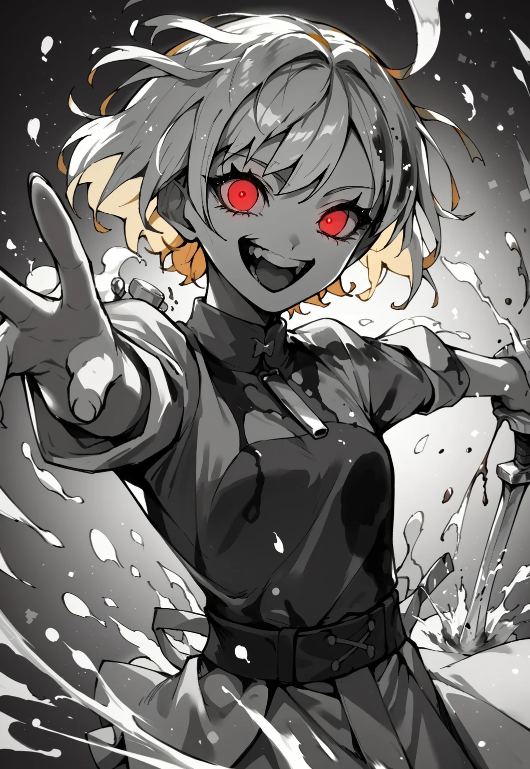 zPDXL3, score_9, score_8_up, score_7_up, source_anime, 1girl, weapon, sheath sword, cowboy shot, looking at viewer, crazy smile, open mouth, black drops, particles, ink splash, dynamic pose, greyscale, red eyes, blonde hair,
