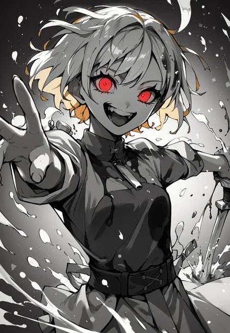zPDXL3, score_9, score_8_up, score_7_up, source_anime, 1girl, weapon, sheath sword, cowboy shot, looking at viewer, crazy smile, open mouth, black drops, particles, ink splash, dynamic pose, greyscale, red eyes, blonde hair,
