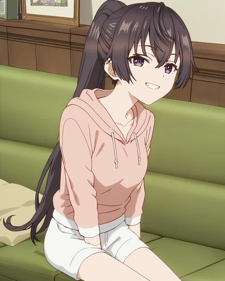 score_9, score_8_up, score_7_up, source_anime, indoors, official anime artwork, screencap, anime screencap, masterpiece, nsfw, explicit, BREAK
inside an apartment, 18 year old girl, medium breasts,
 <lora:Yuki_Suou:1>Yuki Suou, brown hair, long hair, purple eyes, collarbone, hair between eyes, ponytail, pink hoodie, white shorts, sitting on a green couch, smiling at the viewer, mouth open, teeth,