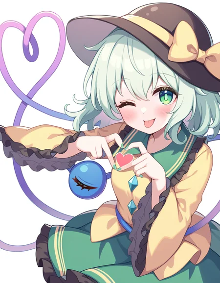 1girl,komeiji koishi,touhou,blush,bow,eyeball,frills,green eyes,green hair,green skirt,hat,hat ribbon,heart,heart of string,long sleeves,looking at viewer,open mouth,ribbon,shirt,short hair,simple background,skirt,smile,solo,third eye,wide sleeves,yellow shirt,upper body,wavy hair,yellow ribbon,cowboy shot,black bow,tongue out,standing,fingernails,koishi day,collared shirt,buttons,hat bow,frilled sleeves,blouse,hair between eyes,yellow bow,green nails,white background,:d,tongue,diamond button,frilled skirt,heart hands,black headwear,one eye closed,, hasu/(velicia/), <lora:hasutt:1>, masterpiece, best quality, very aesthetic, absurdres,newest, incredibly absurdres,