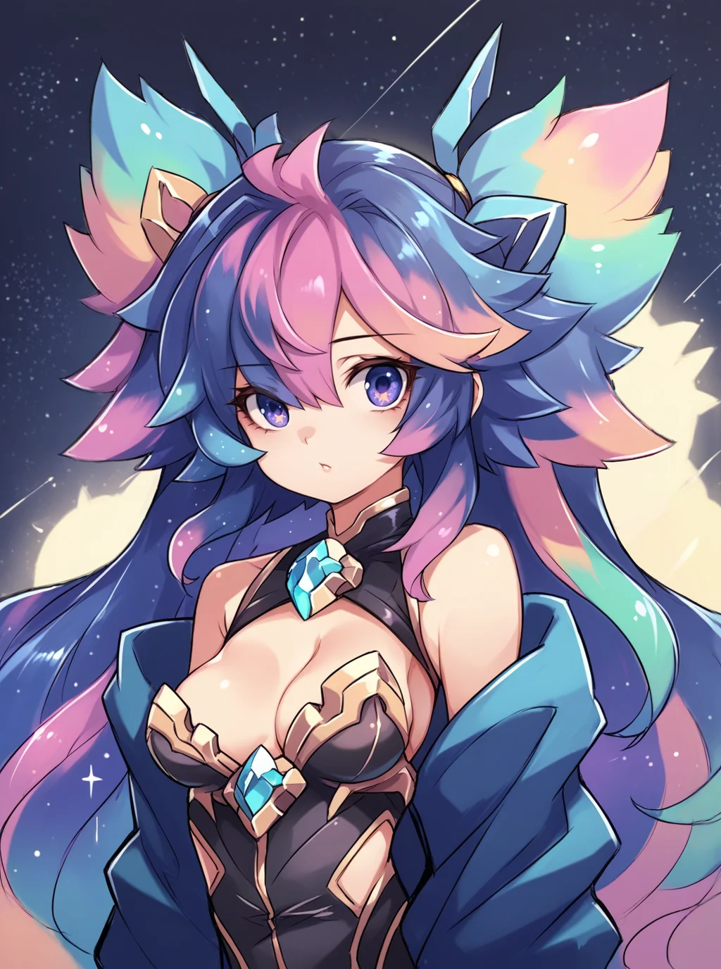 score_9, score_8_up, score_7_up, source_anime, solo, 1girl, breasts out, , galaxy hair, two-tone background, , karukan \(monjya\), <lora:karukan_PDXL-000002:1>