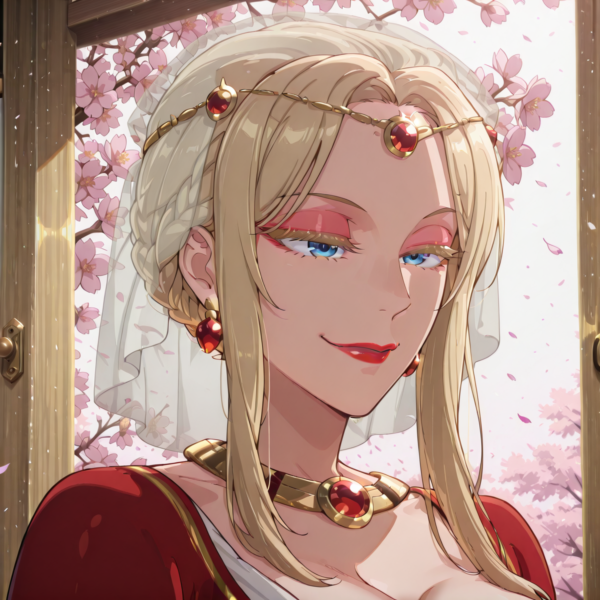 solo, 1 girl, yla, blonde hair, braided hair, long side locks, blonde eyelashes, blue eyes, red dress, white underdress, gold designs, red earrings, veil, red necklace, red jewelry, pink eyeshadow, red lipstick, large breasts, cleavage, smirk, cherry blossoms in the background, daytime,<lora:Ayla-Apothecary_Diaries:1> <lora:takeda_hiromitsu_style_illustrious_goofy:1> <lora:add-detail-xl:1> <lora:add_detail:1> <lora:TrendCraft_The_Peoples_Style_Detailer-v2.3I-4_16_2025-Illustrious:1> <lora:NOOB_EPSv1_1_detailer_by_vlnvk_v1_0:1>