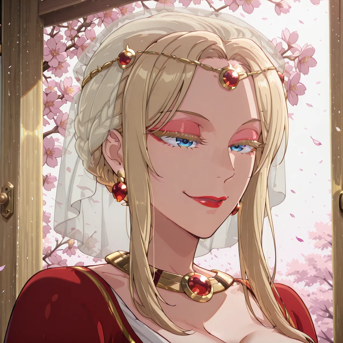 solo, 1 girl, yla, blonde hair, braided hair, long side locks, blonde eyelashes, blue eyes, red dress, white underdress, gold designs, red earrings, veil, red necklace, red jewelry, pink eyeshadow, red lipstick, large breasts, cleavage, smirk, cherry blossoms in the background, daytime,<lora:Ayla-Apothecary_Diaries:1> <lora:takeda_hiromitsu_style_illustrious_goofy:1> <lora:add-detail-xl:1> <lora:add_detail:1> <lora:TrendCraft_The_Peoples_Style_Detailer-v2.3I-4_16_2025-Illustrious:1> <lora:NOOB_EPSv1_1_detailer_by_vlnvk_v1_0:1>