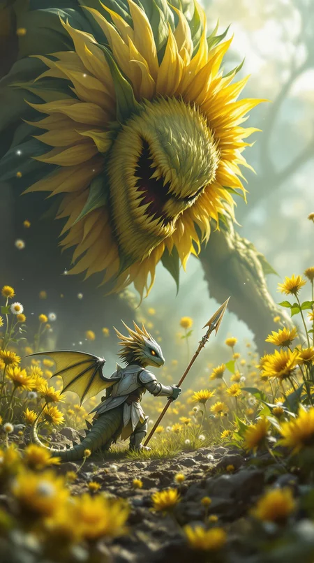 A pocket-sized dragon knight wearing a suit of silver leaves, carrying a dandelion lance, facing off against a giant angry sunflower, cinematic storybook fantasy style, richly textured backgrounds