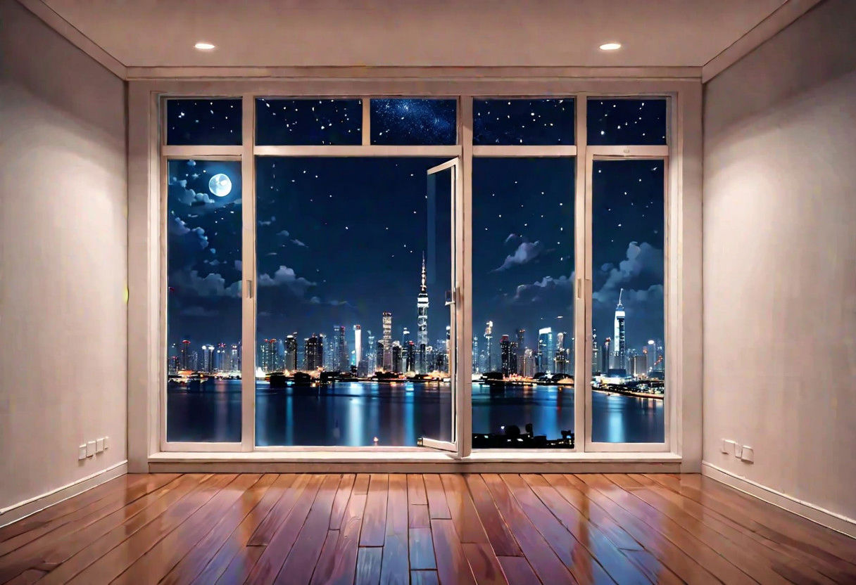 ((((front view)))), Shallow scene, ((animation style)), (((City high-rise building scenery))), ((((City scenery outside the window)))), ((sense of mystery)), (night), starry sky, moonlight, (weak light), (Facing the window), (open window), modern-style interior, Wooden floor, with white walls, (large windows), a living room, sofa and coffee table by the window sill,  (((Sofa placed horizontally))), (Behind the sofa is the window sill),