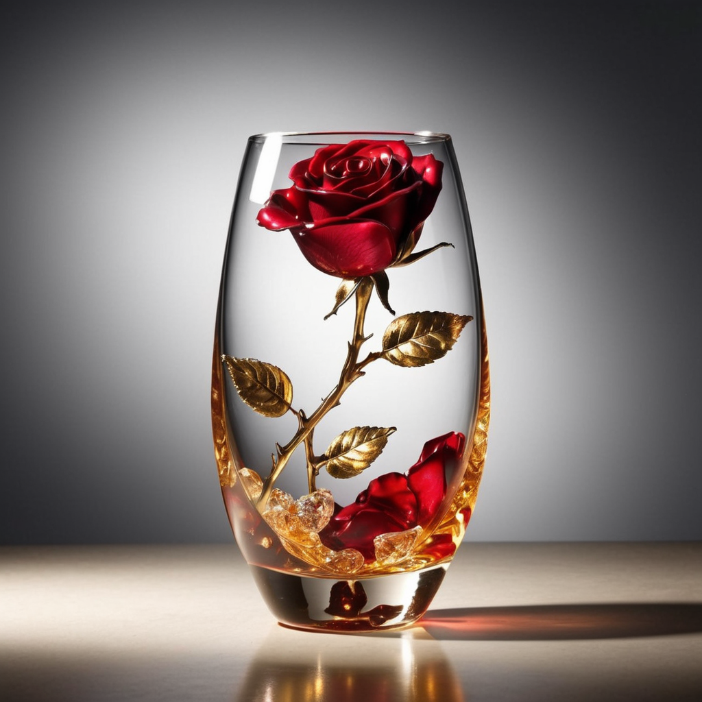 an image of  flowers MD_Jewelry, the gem and Diamond red rose in the  glass,whiskey, golden,faint light, front view ,film <lora:0210_rose-checkpoint-6000:0.7>