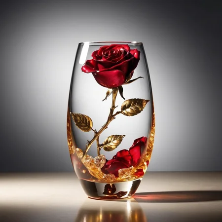 an image of flowers MD_Jewelry, the gem and Diamond red rose in the glass,whiskey, golden,faint light, front view ,film <lora:0210_rose-checkpoint-6000:0.7>