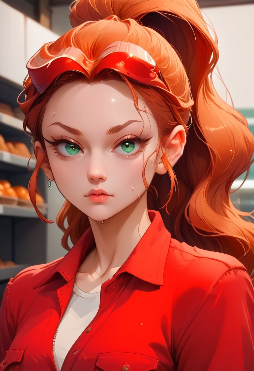 score_9, score_8_up, score_7_up, Portrait, mars_hdt, red hair, green eyes, ponytail, red jumpsuit, wiping forehead, mechanic shop, working on machine, oily, sweating, sweat, ha4n1v3rs3, depth of field, dynamic angle, fashion photography, sharp, hyperdetailed:1.15, freebos_smoothiestyle