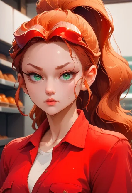 score_9, score_8_up, score_7_up, Portrait, mars_hdt, red hair, green eyes, ponytail, red jumpsuit, wiping forehead, mechanic shop, working on machine, oily, sweating, sweat, ha4n1v3rs3, depth of field, dynamic angle, fashion photography, sharp, hyperdetailed:1.15, freebos_smoothiestyle