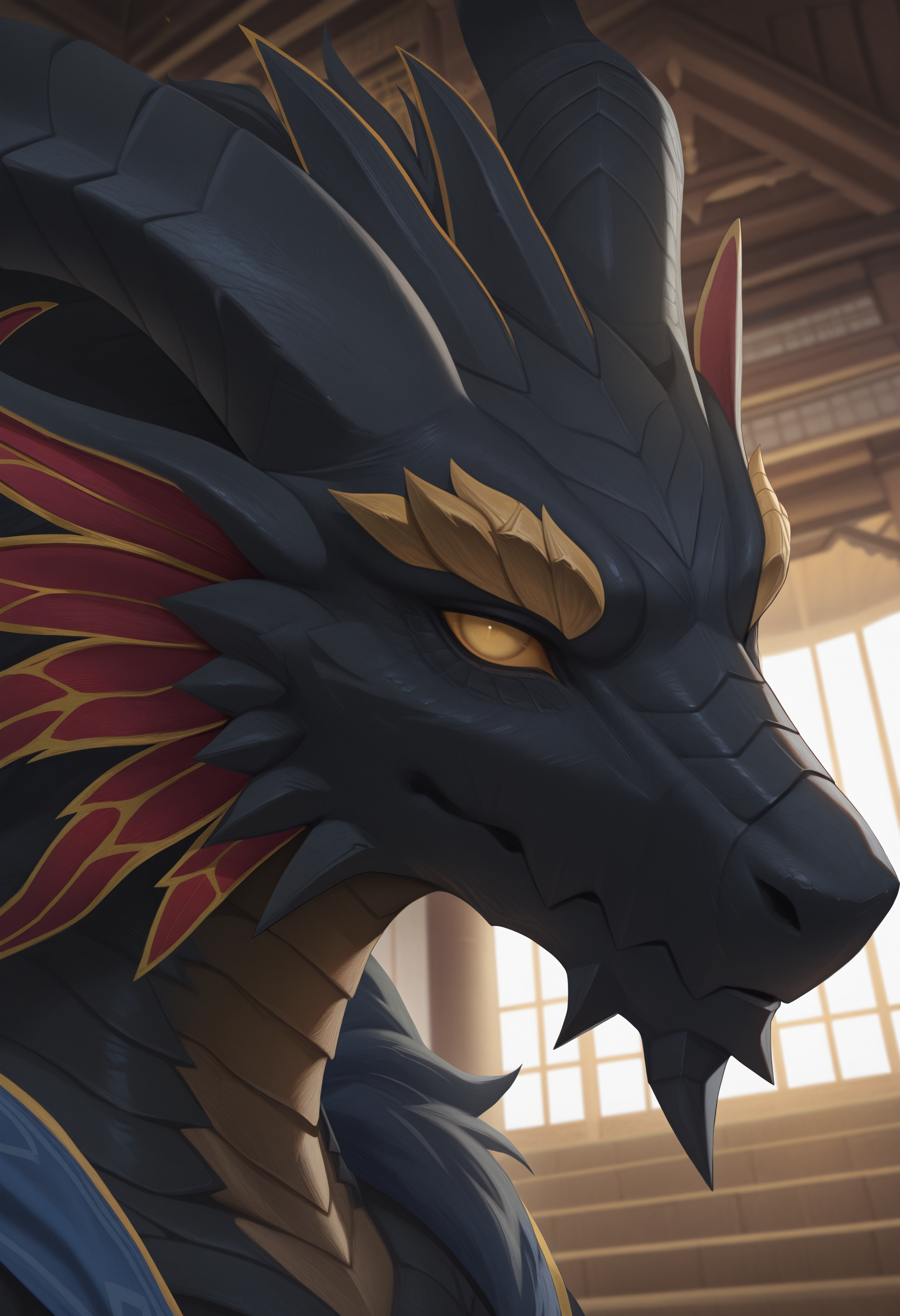 best quality, newest, absurdres, highres, (masterwork, masterpiece, best quality, hyper-detailed :1.3), 

1boy, solo,


b4h4_ffx, dragon, dark skin, yellow sclera, no pupils, close up, side angle, looking at viewer,

temple, inside, 
