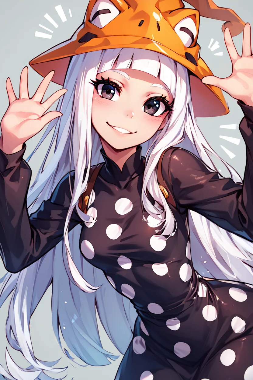 score_9, score_8_up, score_8, medium breasts, (curvy), cute, eyelashes, BREAK, , zzEruka, black eyes, white hair, blunt bangs, long hair, orange hat, polka dot dress, black dress, black sleeves, pantyhose, <lora:ErukaFrog_SoulEater_PDXL_v2:1.0>, , BREAK, looking at viewer, ,,, smile, waving, upper body, leaning forward, head tilt, ,,, embedding:zPDXL, Expressiveh, ,,, <lora:CatalystStylePDXL:0.6>, <lora:SDXLFaeTastic2400:0.5>, <lora:Expressive_H-000001:0.4>,