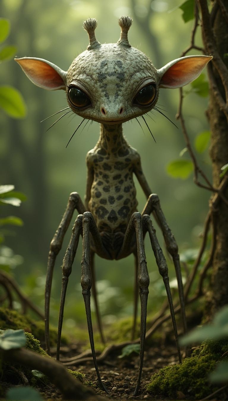 <lora:Dark_Fantasy_Anime-000021.safetensors:1> intricately textured, with subtle shadows cast, capturing light in a lifelike manner. glint subtly in the diffused light filtering, the surrounding environment is meticulously detailed
This whimsical creature combines features of a baby giraffe and a spider, standing on multiple long spindly legs. Its eyes are enormous and expressive, taking up half its face, while its ears are proportionally too large and twitching as if listening for distant sounds. Its body is long and gangly, with a muted spotted pattern on its skin that seems to absorb light. The creature stands in front of a softly blurred natural background, surrounded by vines and creepers trying to bind it in place, creating an unsettling atmosphere.