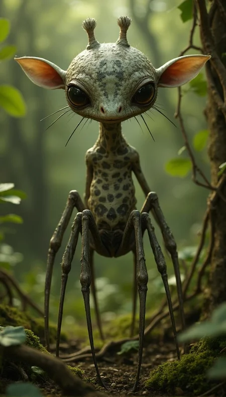 <lora:Dark_Fantasy_Anime-000021.safetensors:1> intricately textured, with subtle shadows cast, capturing light in a lifelike manner. glint subtly in the diffused light filtering, the surrounding environment is meticulously detailed
This whimsical creature combines features of a baby giraffe and a spider, standing on multiple long spindly legs. Its eyes are enormous and expressive, taking up half its face, while its ears are proportionally too large and twitching as if listening for distant sounds. Its body is long and gangly, with a muted spotted pattern on its skin that seems to absorb light. The creature stands in front of a softly blurred natural background, surrounded by vines and creepers trying to bind it in place, creating an unsettling atmosphere.