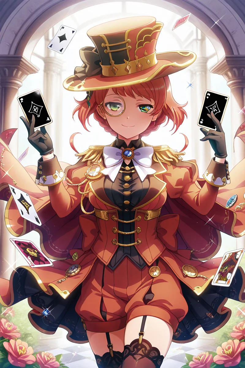 masterpiece, best quality, amazing quality,
<lora:Minku_IL:1> minku, 1girl, hat, green eyes, monocle, solo, gloves, card, garter straps, short hair, thighhighs, top hat, smile, cape, red hair, bow, jewelry, black gloves, looking at viewer, playing card, flower, breasts