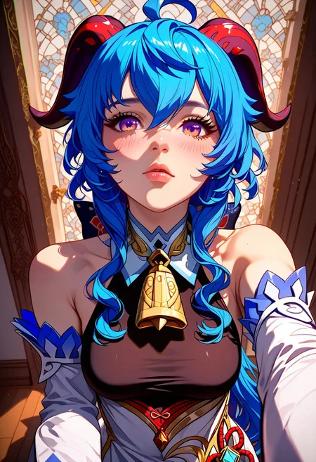 score_9, score_8_up, score_7_up, score_6_up, score_5_up, score_4_up score_9,score_8_up, (anime, masterpiece, intricate:1.3), (best quality, hires textures, high detail:1.2), (4k),(incredibly detailed:1.4), realistic illustration, partially illuminated, GLSHS, 1girl, ganyu, blue hair, long hair, low ponytail, ahoge, horns, bare shoulders, black pantyhose, detached sleeves, dress, gloves, embarrassed expression, blushing, cosplay, selfie, camera pov, above view, pale skin, indoors, close up, nsfw, posing, unique angle,