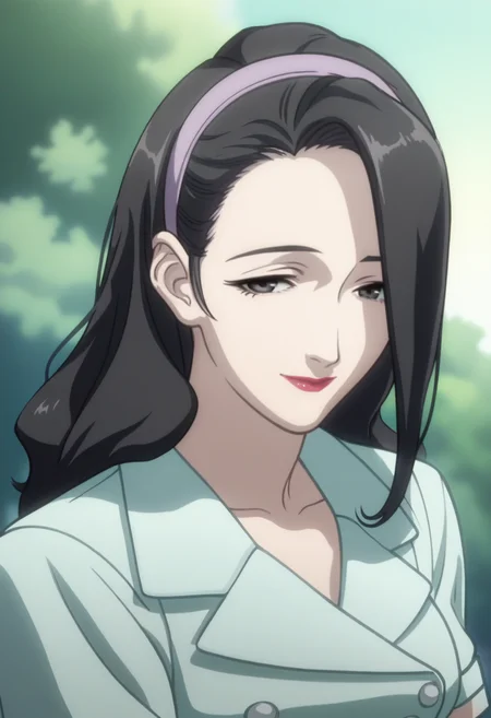 score_9, score_8_up, score_7_up, score_6_up, anime screencap, anime coloring, <lora:Marnie_epoch_9:0.8>, Marnie, 1girl, solo, black hair, long hair, black eyes, hairband, lipstick, breasts, 
nurse,
looking at viewer, smile, portrait, 
BREAK outdoors, sunlight, sunbeam, sky, day,