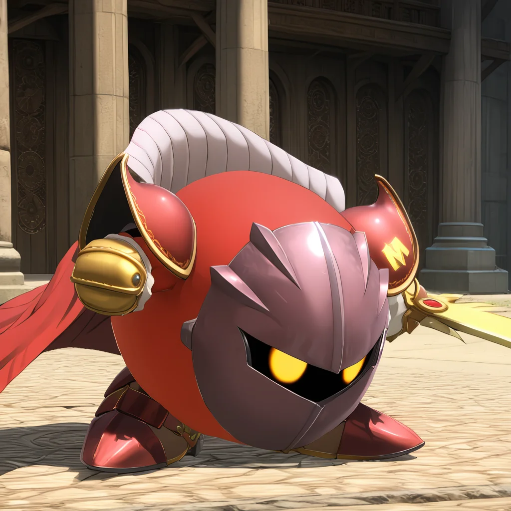 MetaknightXL, mask, yellow eyes, cape, sword,<lora:MetaknightXL:1>, red outfit, (anime, masterpiece, intricate:1.3), (best quality, hires textures, high detail:1.2), (4k),(incredibly detailed:1.4),UHD, 8K, ultra detailed