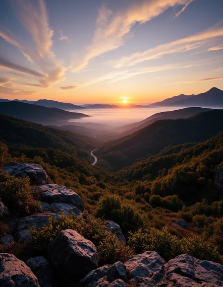A breathtaking landscape showcasing a vibrant sunrise over rolling hills and dense forests. The foreground features rugged rock formations with patches of foliage, while the background reveals mist gently enveloping the lush valley below. Soft golden hues illuminate the sky, transitioning into deep blues, creating a serene atmosphere. The scene is infused with a sense of tranquility, enhanced by the subtle contrast between the warm light and the cool shadows. The composition emphasizes depth by leading the viewerâs eye through the winding road that cuts through the landscape, inviting exploration. Natureâs palette complements the calming mood, capturing the essence of early morning in a picturesque environment. <lora:aidmaFLUXPro1.1-FLUX-v0.3:1>
