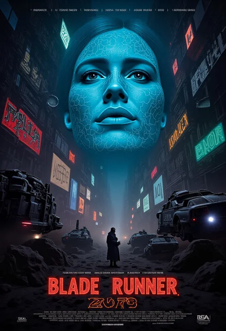 Futuristic and atmospheric movie poster for "Blade Runner 2074", set in a dystopian, neon-lit cityscape drenched in rain and shadows. The foreground features a silhouetted figure of a lone blade runner, clad in a long coat, holding a glowing, futuristic weapon. Behind the figure looms a towering hologram of a woman's face, fragmented and glitching, symbolizing the rise of AI. The city is alive with massive, flickering advertisements, flying cars streaking through the sky, and dark alleys illuminated by hazy neon lights in shades of cyan, magenta, and deep amber.
Bold, sleek typography for the title, 'BLADE RUNNER 2074,' glows faintly at the bottom, with metallic textures and a futuristic serif font, blending seamlessly into the gritty, cyberpunk aesthetic. Subtle elements of decay, rebellion graffiti, and smoke add depth to the scene, creating an air of mystery and tension.
mvpstrCE style, Blade Runner style,